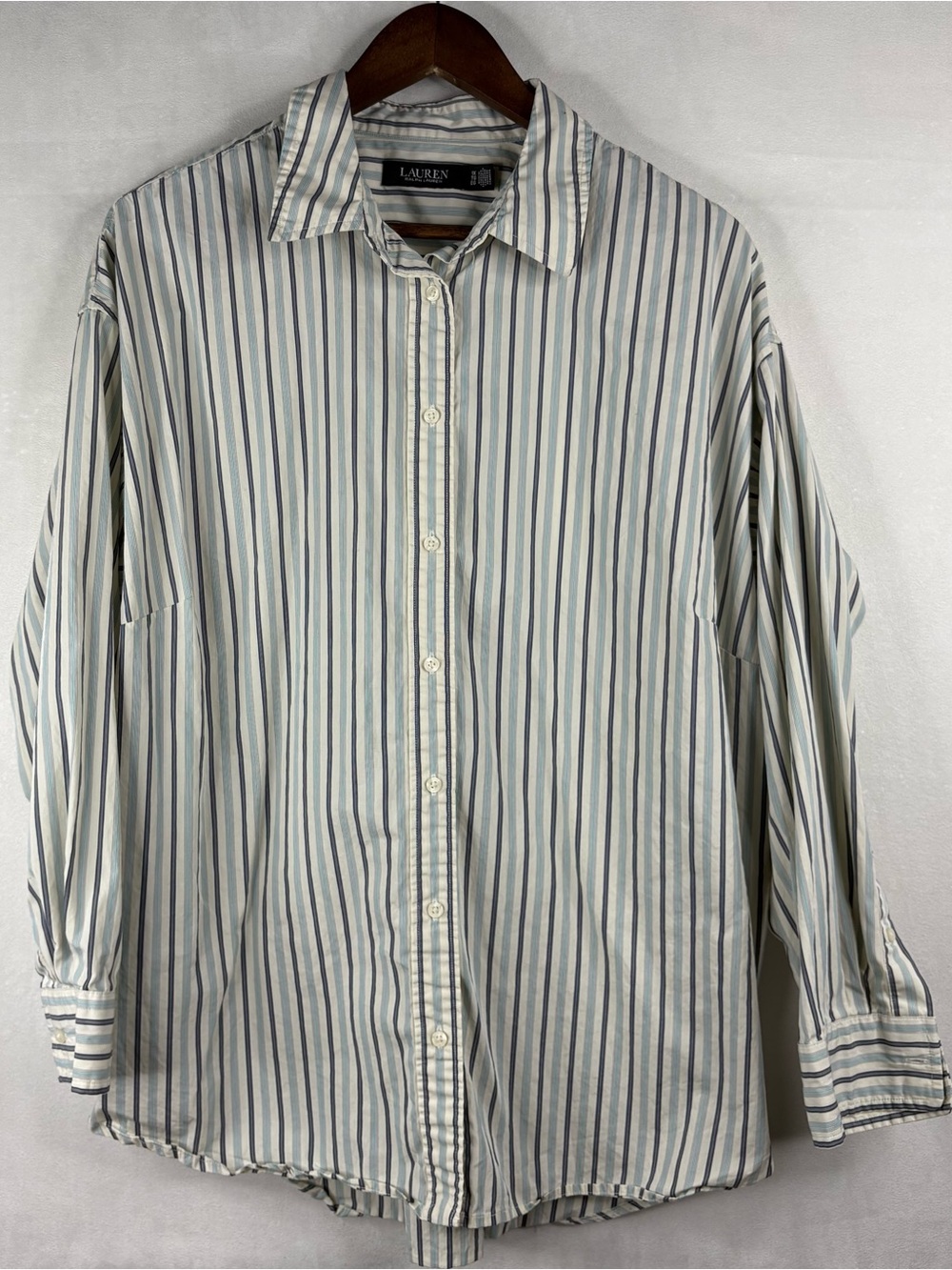 Lauren Ralph Lauren Womens XL Button Up Shirt Blue White Striped Long Sleeve